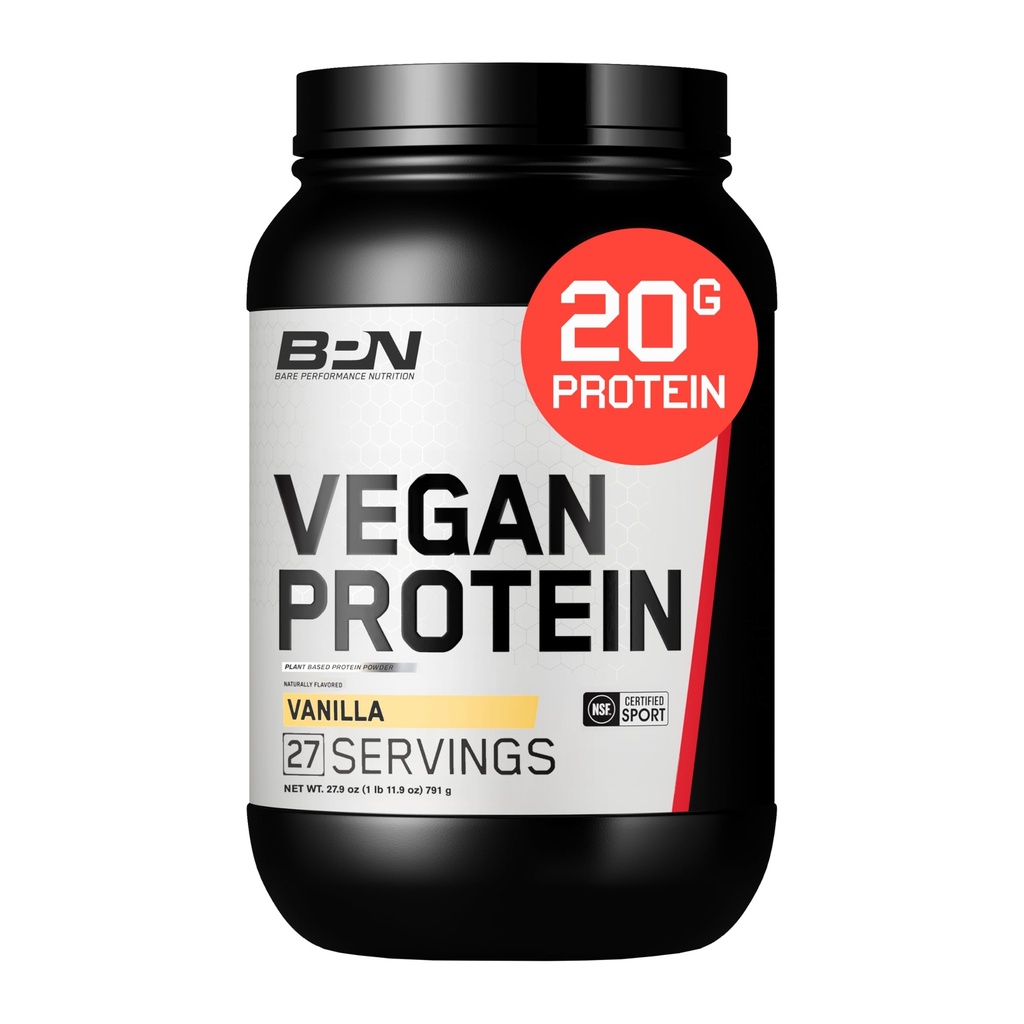 BARE PERFORANCE NUTRITION Vegan Protein, Plant Based Protein, Pea Protein, Watermeloun protein a dýňový protein, přirozeně slazené a ochucené (Vanilla)