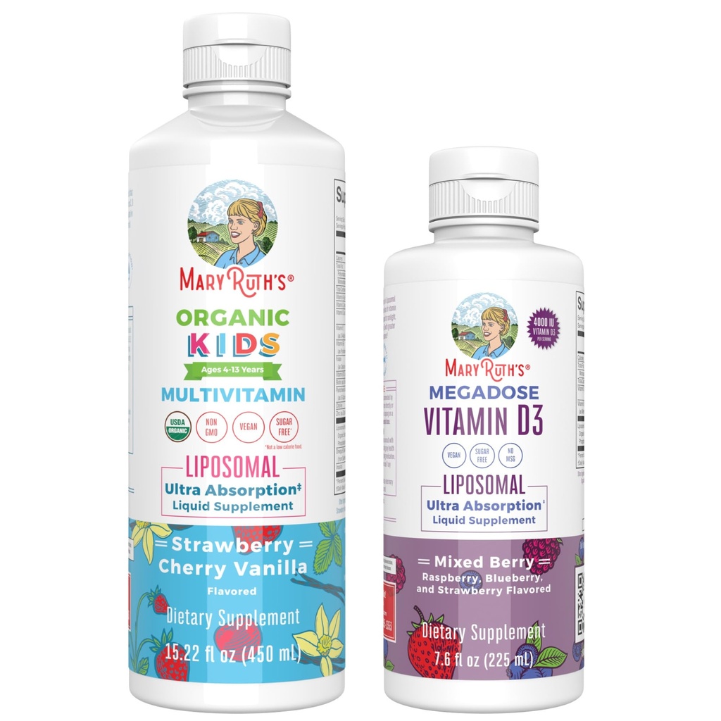 MaryRuth Organics Kids Multivitamin Liposomal (Strawberry Cherry & Vanilla) & Vitamin D3 Liposomal (Mixed Berry) Clean Label Project Ověřené ® Vitamíny pro imunitu a celkové Wellness, Vegan, Non- GMO