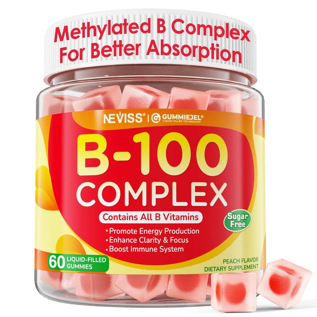 Super vitamin B Komplexní gumy - Všechny B vitaminy včetně methyl B12, B1, B2, B3, B5, B6, Biotin, Methylfolát s vitaminem C, Choline, Inositol, PABA pro energii, Brain & Imunitary Support, Cukr zdarma