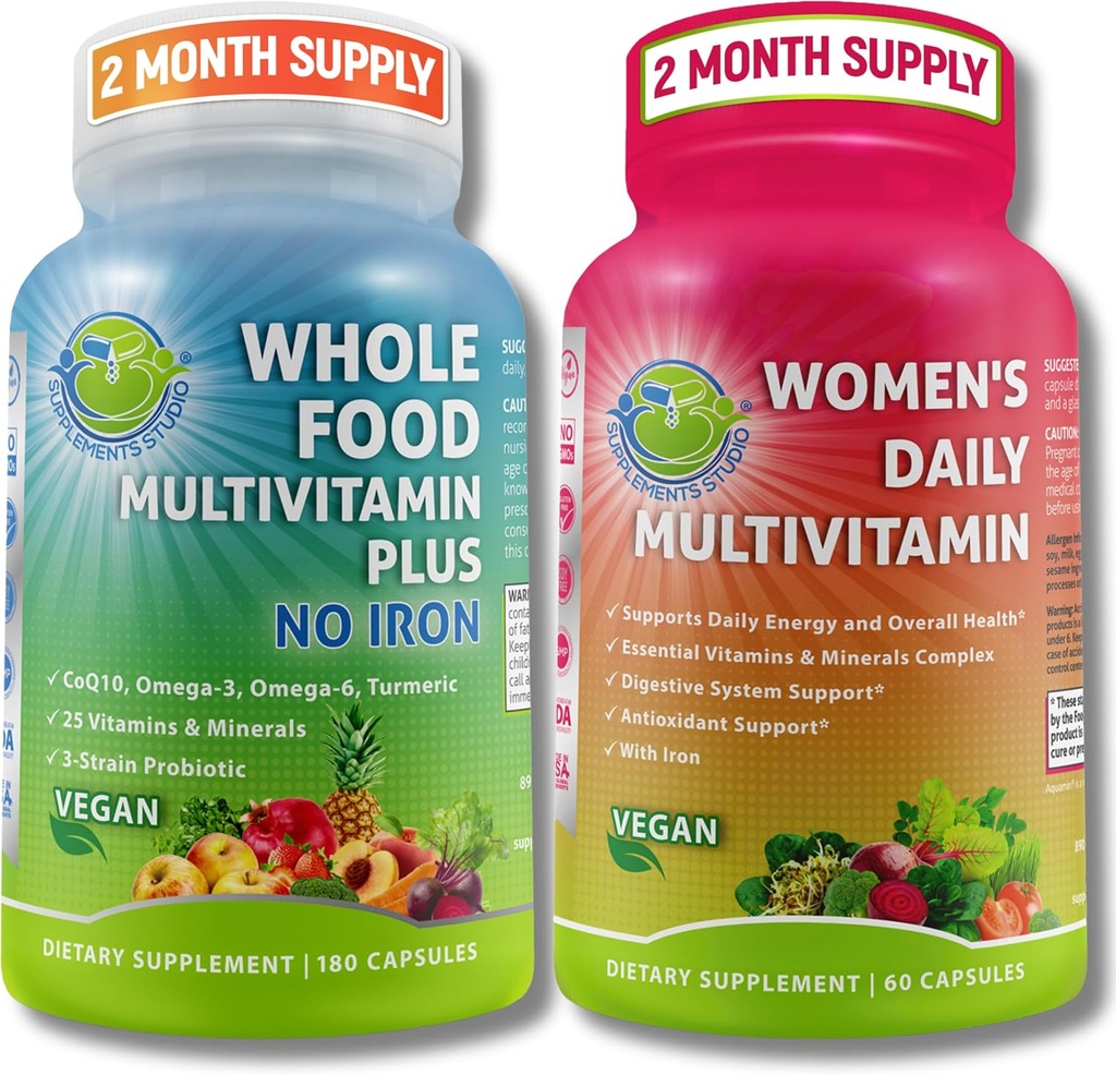 SUMPLEMENTS STUDIO Komplexní vícesystémová podpora žen Duo - Celé jídlo Multivitamin bez železa + ženské denní multivitamin se železem - Vegan, non-GMO, Čisté denní wellness podpora
