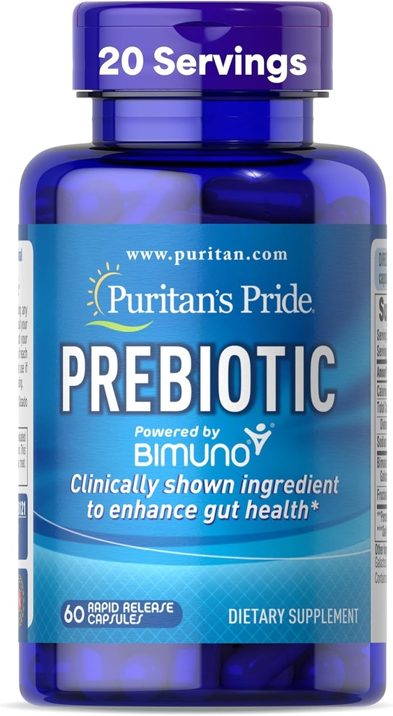 Puritan 's Pride Prebiotics for Men and Women Power by Bimuno, Dietní dodatek pro pokročilé Gut zdraví, pomáhá zmírnit nafouknutí, 60 Rychlé uvolnění kapsle