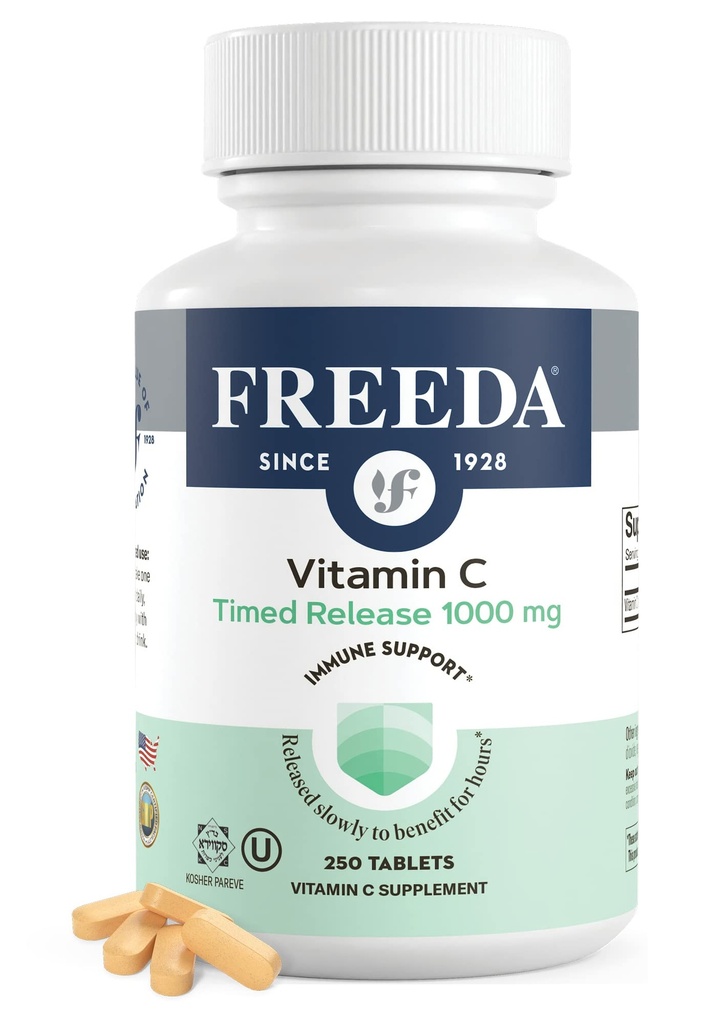 FREEDA Vitamin C - Časová verze 1000mg - Slow- release for All- Day Immunication & Antioxidant Support, Gentle on Stomach, Kosher & Vegan, High- Absorpční tablety (250 tablet)