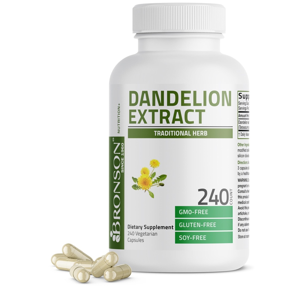 Bronson Dandelion Root High Potency Dodatek, Podporuje celkové dobré zdraví & Well- Bytí, Tradiční Diuretický Herb - Non- GMO, 240 Vegetariánské kapsle