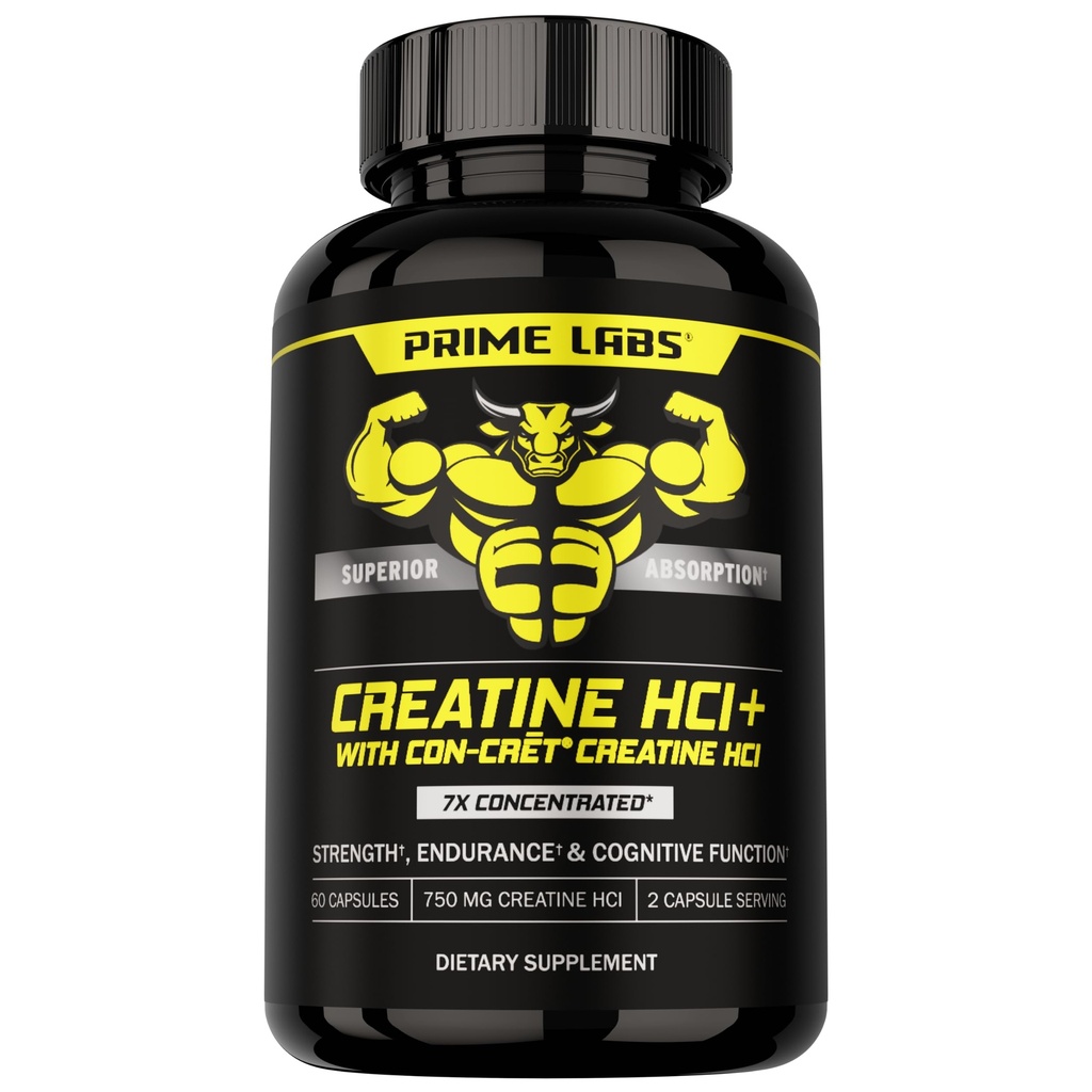 Prime Labs Creatine HCl Kapsle - s CON-CRÇT ®, Rhoddiola Root Extract, & L-Theanine - Muscle Support, Endurance, Cognitive Function - pro muže a ženy - 60 pilulky