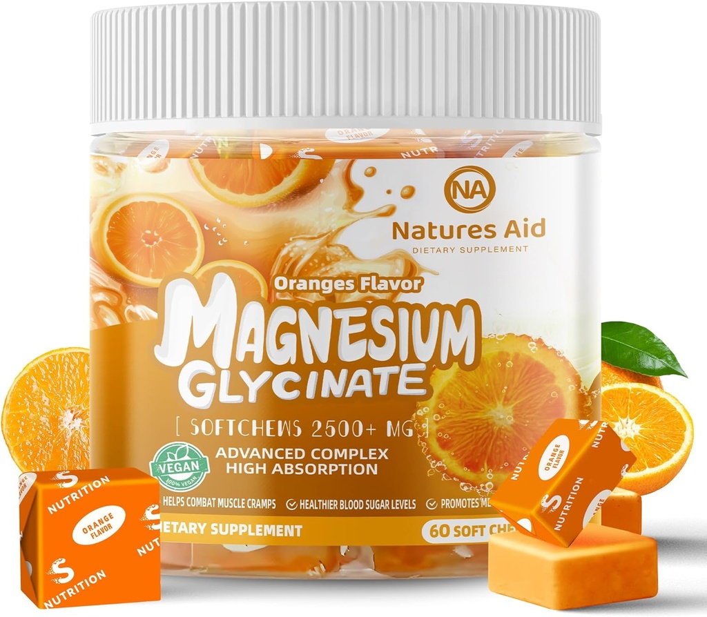 Glycinát hořečnatý Soft Chews dodatek, Žvýkací cukr bez draslíku Žvýkačky s hořčíkem Glycinát, Vitamin D, B6, a CoQ10 pro klidnou podporu a spánek pro dospělé, 60 dní Supply- Orange