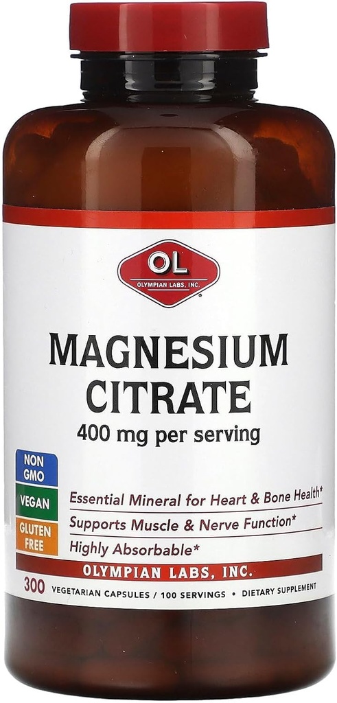 Olympian Labs Magnesium Citrát 400mg - 300 Kapsle - Snadné absorbovatelné, podporující zdravé kosti, zdravé srdce a absorpce vápníku