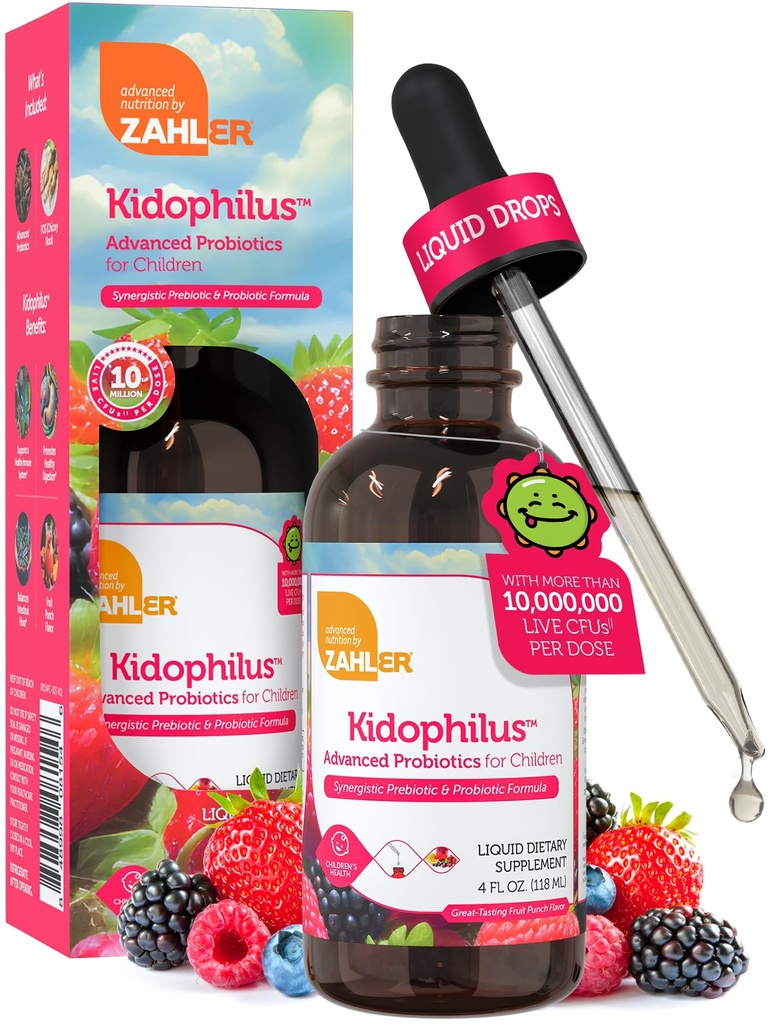 Zahler - Kidophilus Liquid Drops Probiotika pro děti (4 Fl Oz) Certified Kosher Kids Probiotic for Health Digestion & Imunitation Supplement - Ovocný punč Ochucené dětské Probiotické kapky