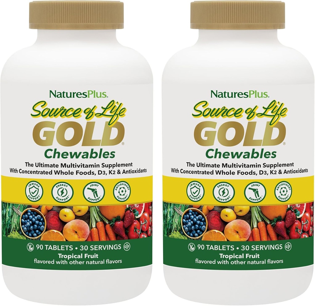 NaturesPlus Zdroj života Gold Multivitamin - 90 žvýkací tablety, balení po 2 - s vitamíny D3, B12, K2 a více než 120 Celých potravin - Krev, kost a imunitní podpora - Gluten zdarma - 60 Celkem služby