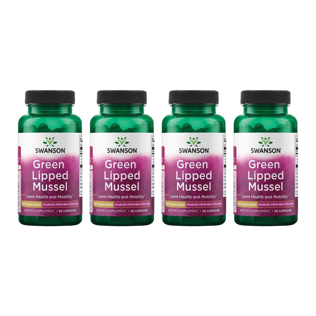 Swanson Green Lipped Mussel (Freeze- Sured) - Novozélandský dodatek pro společné zdraví a mobilitu - Přírodní vzorec May Support Heart Health & Digestive Function - (60 kapslí, 500mg každý) (4 balení)