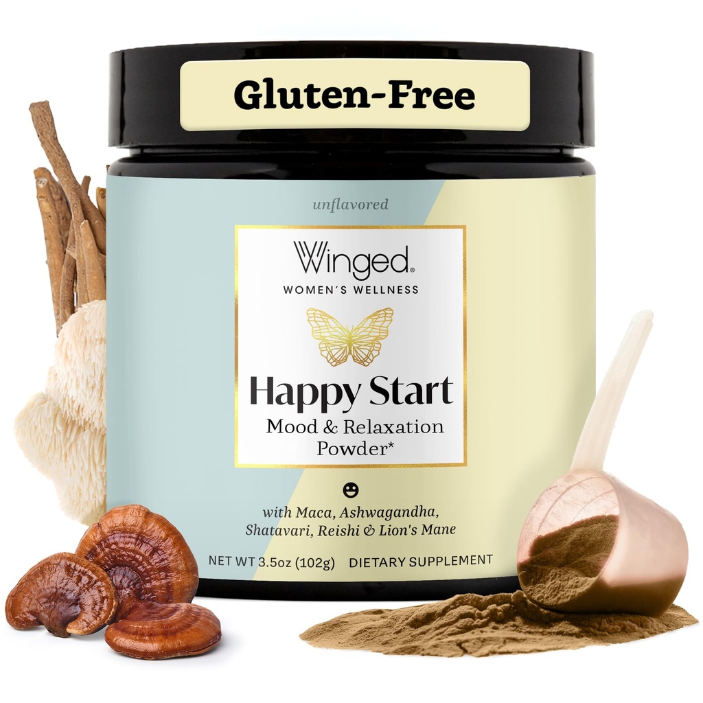 Winged Wellness Happy Start, Mood Booing Drink Mix pro ženy - Happy Mind & Hormonal Health, Mood Supplement s Red Maca, Ashwagandha, Houby & Více - Čokoláda, 30 Služebnictví