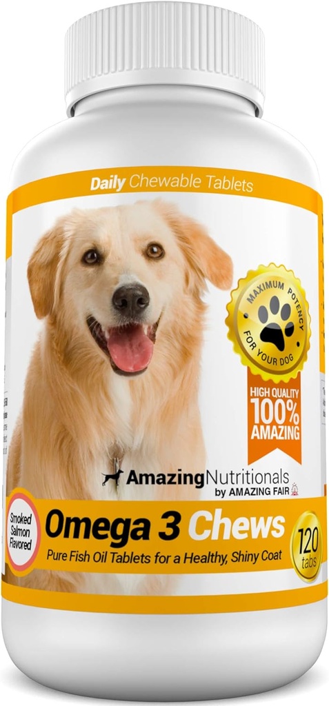 Amazing Omega 3 pro psy - Omega 3 Rybí olej pro psy doplněk pro Itchy Skin Relief pro suchou pleť a horké Spots a Shedding Coat s EPA a DHA Fatty Acids - 120 Losos Flavor Chews