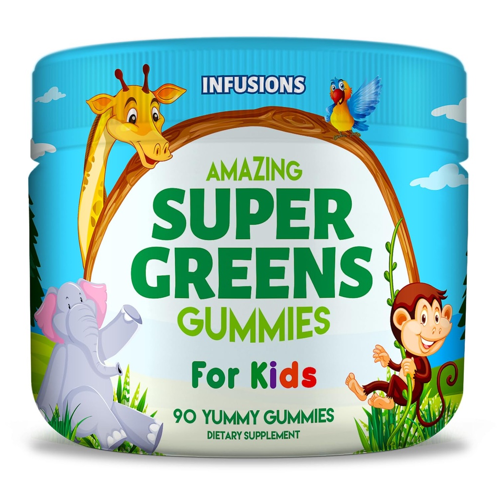 Infuze Super Green Gummies pro děti 90 Count Superfood Booster Měkké a lahodné 8 Výkonné směsi Vegan Friendly gluten zdarma & Non-GMO