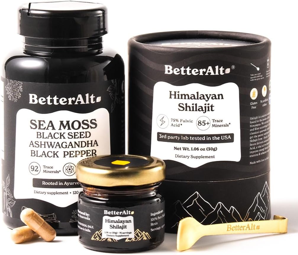 Lepší Alt Shilajit Resin 30 gm & Moss Moss Kapsle Energy Duo Duo 124; Čisté Himalájské Shilajit Gold Class pro muže a ženy s vysokou potencí a Irské moře Moss s Black Seed Oil