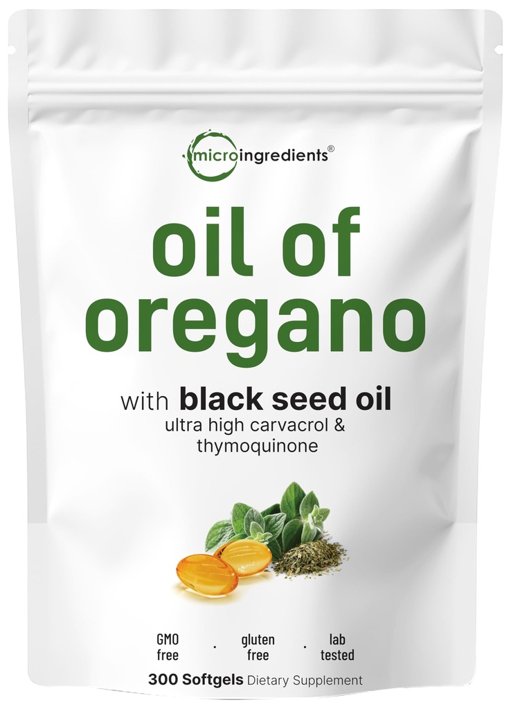 Micro Ingredients Oil of Oregano Softgels, 300 Počet 124; 2 v 1 Vyrobeno s černým semenným olejem, 4X Síla karvacolu a Thymoquinone Officiel124; Plant based, Non- GMO, & Imunitní podpora