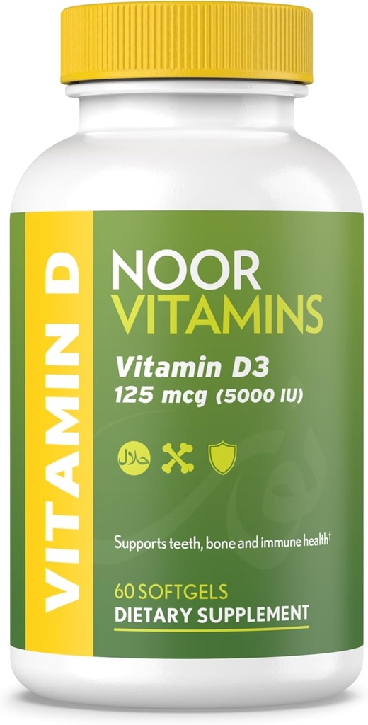 Noor Vitamíny Halol Vitamin D, Halol Vitamin D3, 5000 IU Softgels, Podporuje kostní, imunitní a srdeční zdraví, od Safflower Oil maximalizovat absorpci, Non- GMO, gluten Free & Halol (60 Počet)...