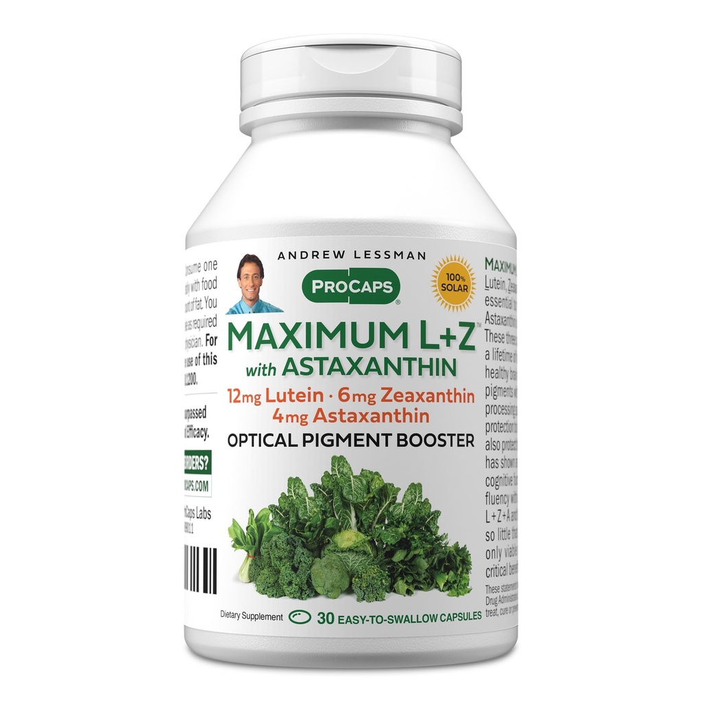 ANDREW LESSMAN Maximum L + Z s Astaxanthin 30 Softgels - 12 mg Lutein, 6 mg Zeaxanthin, 4 mg Astaxanthin. Klíčové živiny na podporu očí a mozku zdraví, a podporovat zdravé vidění.