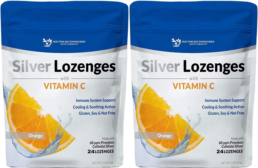 Stříbrné Lozengy s vitaminem C - Premium Nano Silver 60 PPM Koloidní stříbro, Organický med a vitamín C Minerální dodatek Kašel & Hrdlo - Balení 2