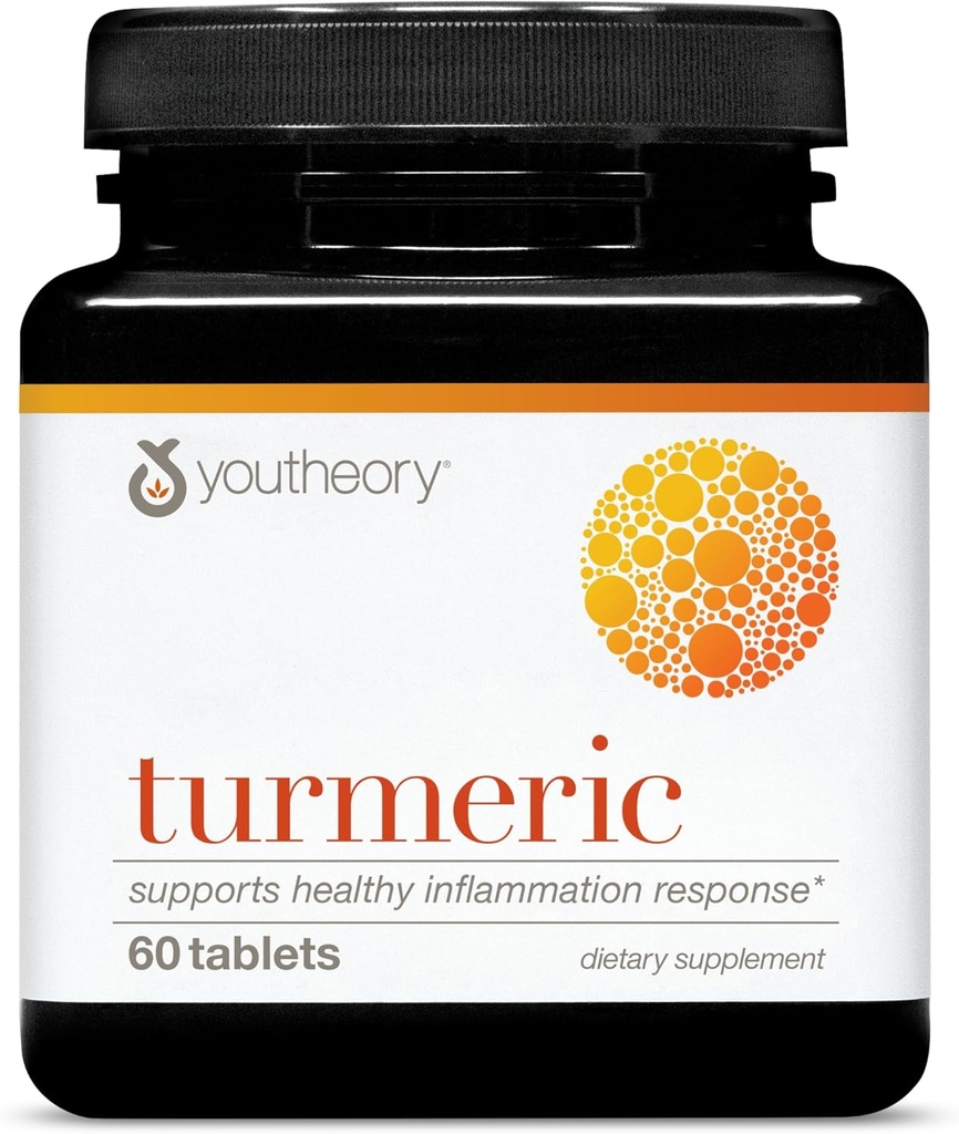Youtheory Turmeric - 450 mg - s Black Pepper & Olive Leaf - Podporuje společné a mozkové zdraví * - Obsahuje bioenhancery, kurkuminoidy a bylinné extrakty - 60 Tablety (20- Day Supply)