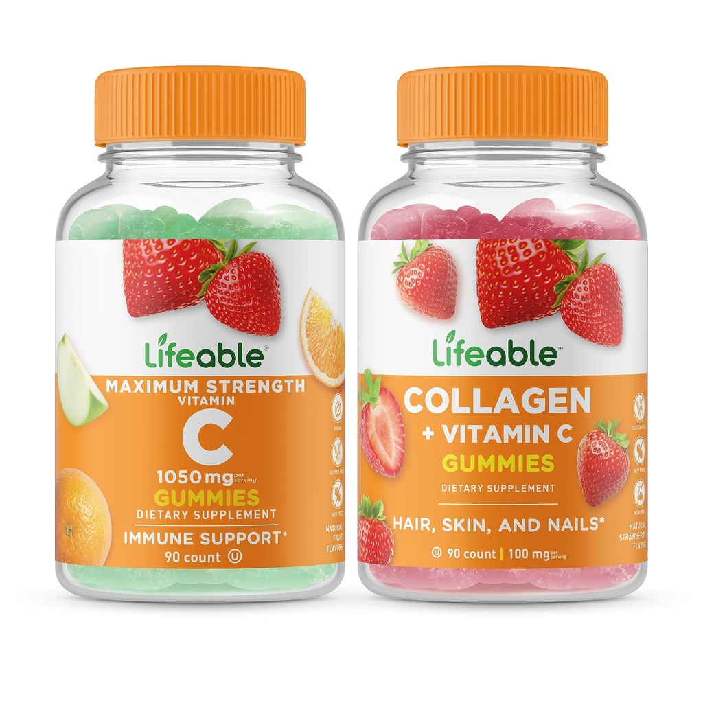 Živý vitamin C 1050mg + kolagen & vitamin C, Gummies Bundle - Great Toasting, Vitamin dodatek, gluten zdarma, GMO zdarma, Žvýkací žlab