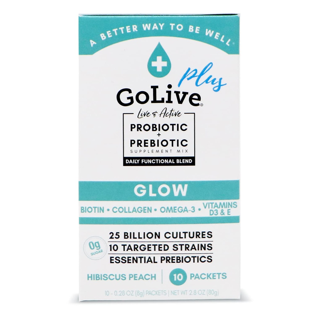 GoLive Probiotika & Prebiotika pro ženy a muže Glow pro krásu, Sugar- Free Synbiotic Powder. + 25 BLLION CFU; 10 klinických pásů pro zdravé, imunitní a stravitelné zdraví, 10 Počet (balení po 1)