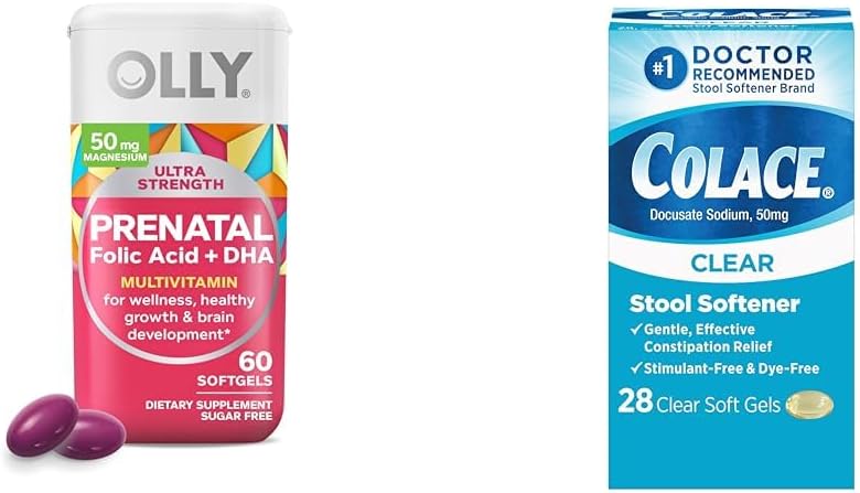 OLLY Ultra síla Prenatal Multivitamin Softgels s podporou rozvoje mozku + Colace Clear Stool Softtener Kapsle, 28 Počet