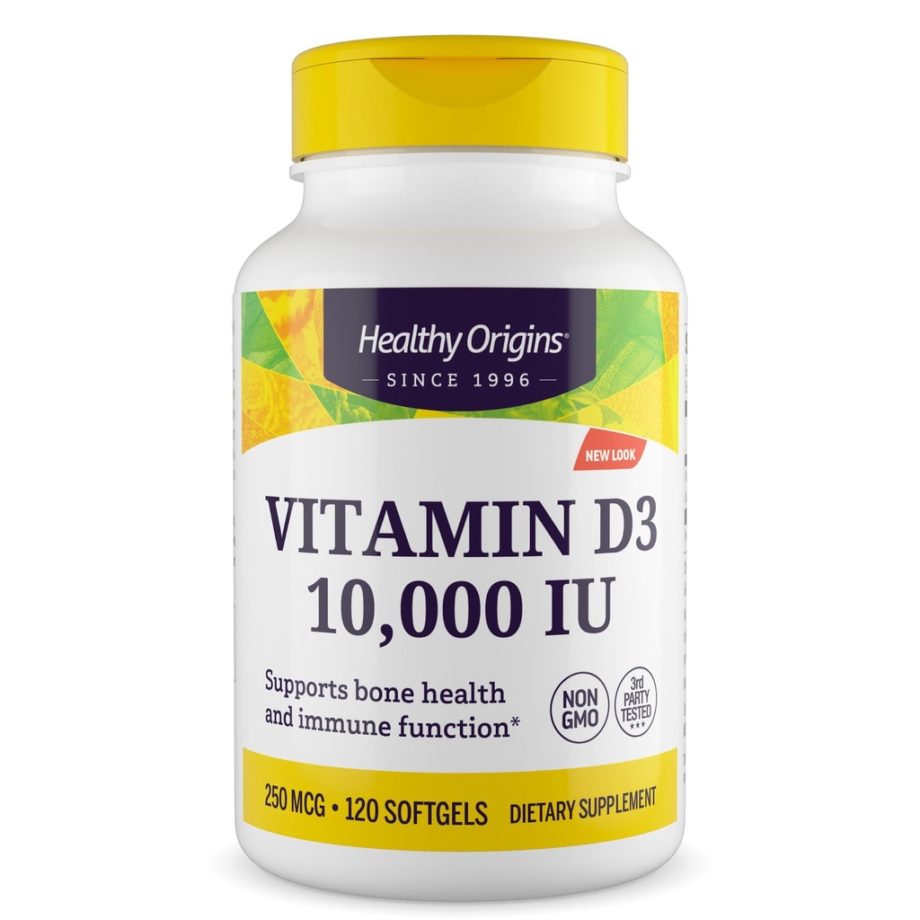 Zdravý původ Vitamin D3 10 000 IU (non- GMO, vysoká účinnost, kostní podpora, imunitní podpora, gluten zdarma), 120 Softgels