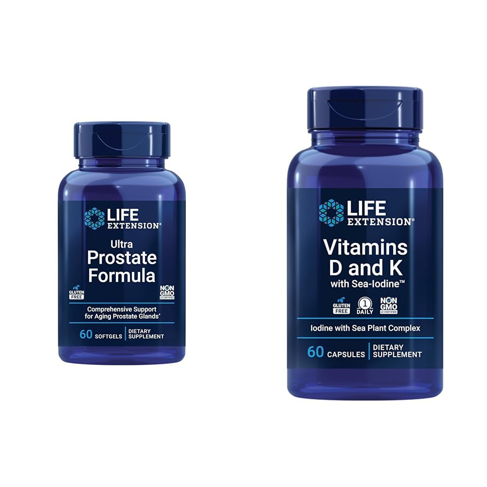Life Extension Ultra Prostate Formule, Saw Palmetto pro muže, pygeum, štípající Nettle & Vitamíny D a K s Sea- jód, Vitamin D3, Vitamin K1 a K2, Jod