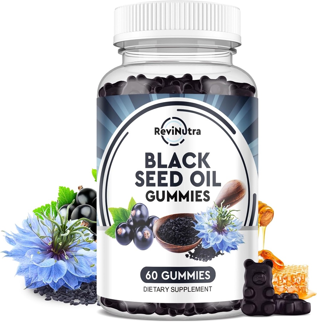 Black Seed Oil Gummies- Organic Cold Pressed Nigella Sativa Black Seed Oil with Honey, Vitamin B6, C, D3, Turmeric, Granulát, Podpora imunity, Digestion, Mozková funkce, Vlasy & Skin-60 Gumy