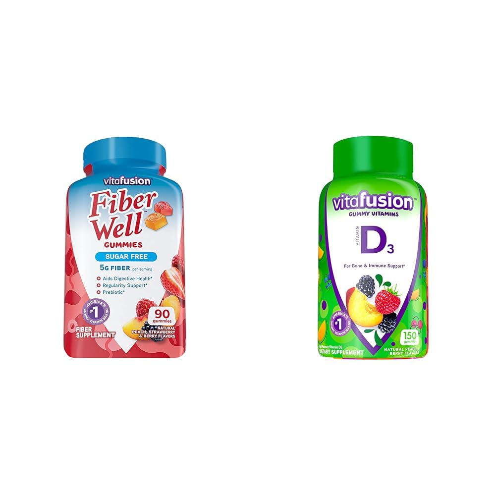 Vitafuze Fiber Well Supplement & Vitamin D3 Gummy Vitamíny pro podporu kostního a imunitního systému, Peach, Blackberry a Jahodové Ochucené, 50 mcg vitamín D, 75 Day Supply, 150 Počet