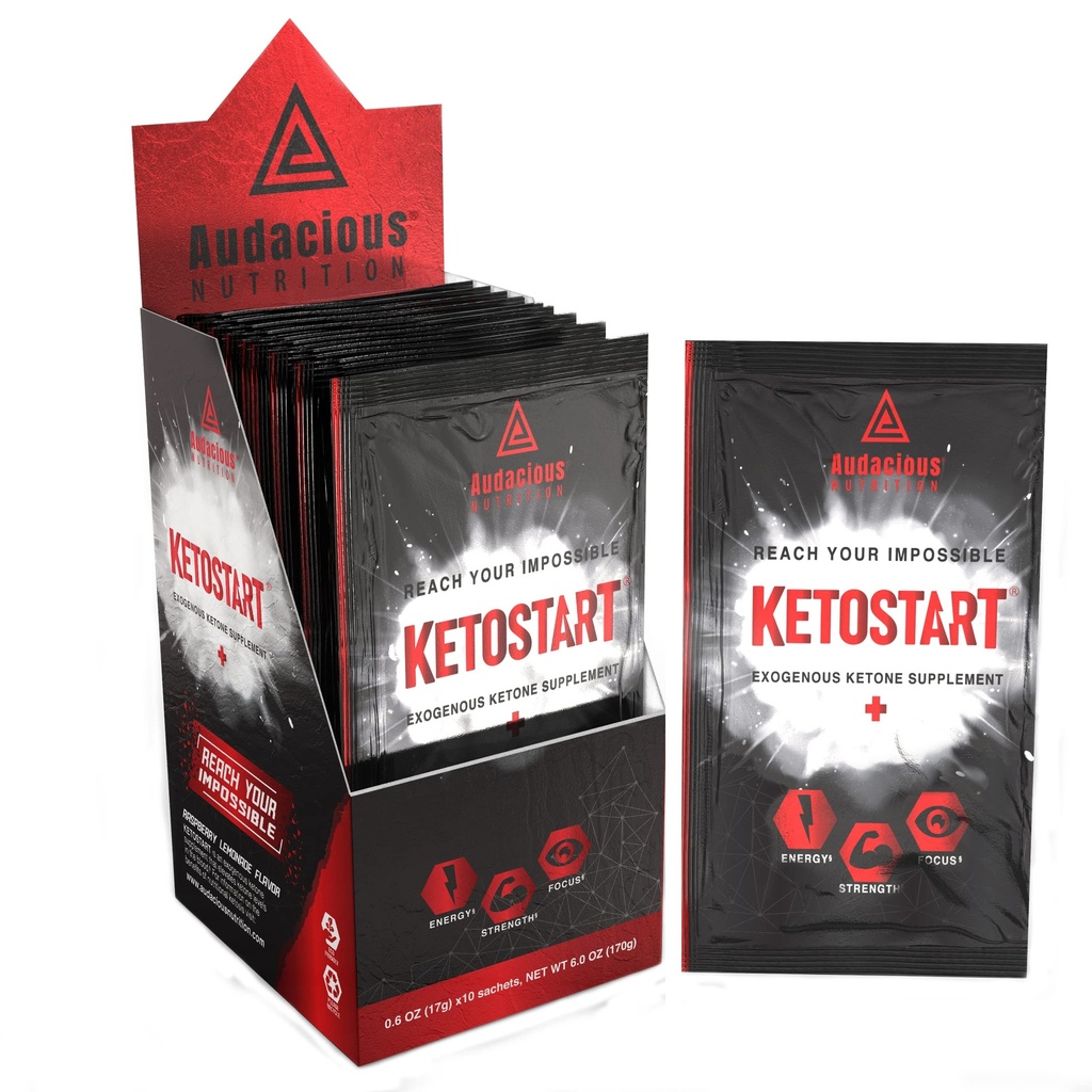 KetoStart + crust 124; Exogenní ketony prášek s elektrolyty pro energii, sílu a soustředění crust 124; s kofeinem crust 124; Raspberry Lemonade Flavor Electrolyte Powder (10x Ketones Drink Mix Packets)