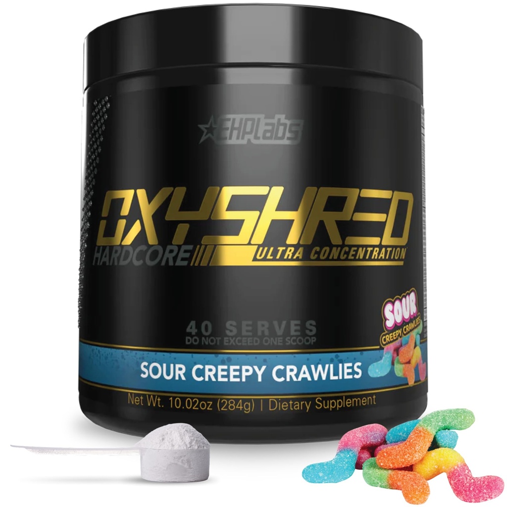 EHP Labs OxyShred Hardcore Super Dosed Pre Workout Powder - Prespinning Powder with L Glutamine & Acetyl L Carnitin, Energy Boost Drink - 275mg kofeinu - Sour Crawlies, 40 Servings