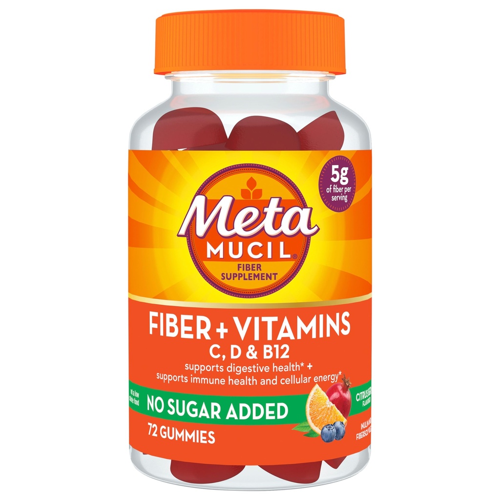 Metamucil Fiber Suplement 72 Gummies, Fiber + Vitamins C, D & B12 no Sugar Added, Support Digestive Health + Support Imunitary Health, Citrus Berry Flavor.