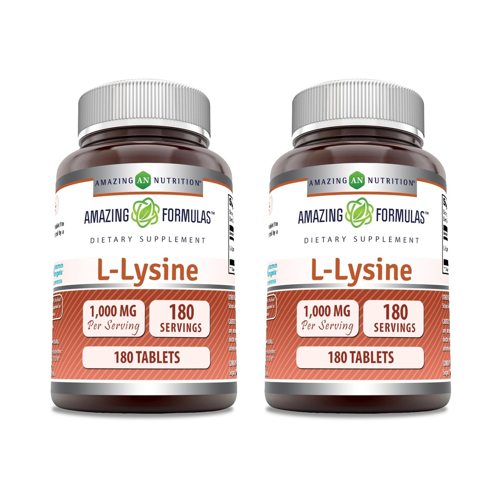 Amazing Applicas L- Lysin 1000mg Amino Acid Tablety Dodatek 124; Non- GMO CLANE124; Gluten Free CLANE124; Made in USA (180 CLANE124; 2 Pack)
