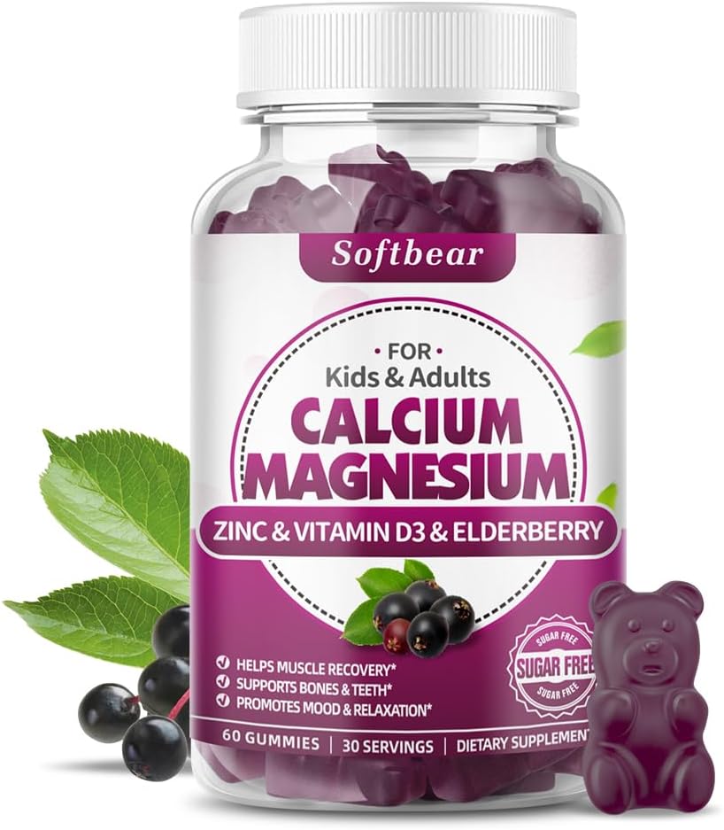 softbear hořčík hořčík zinek gumy pro ženy, vysoká absorpce vápník hořčík doplněk pro sílu kostí, bez cukru, vegan, bezinky Flavor 60 gumy