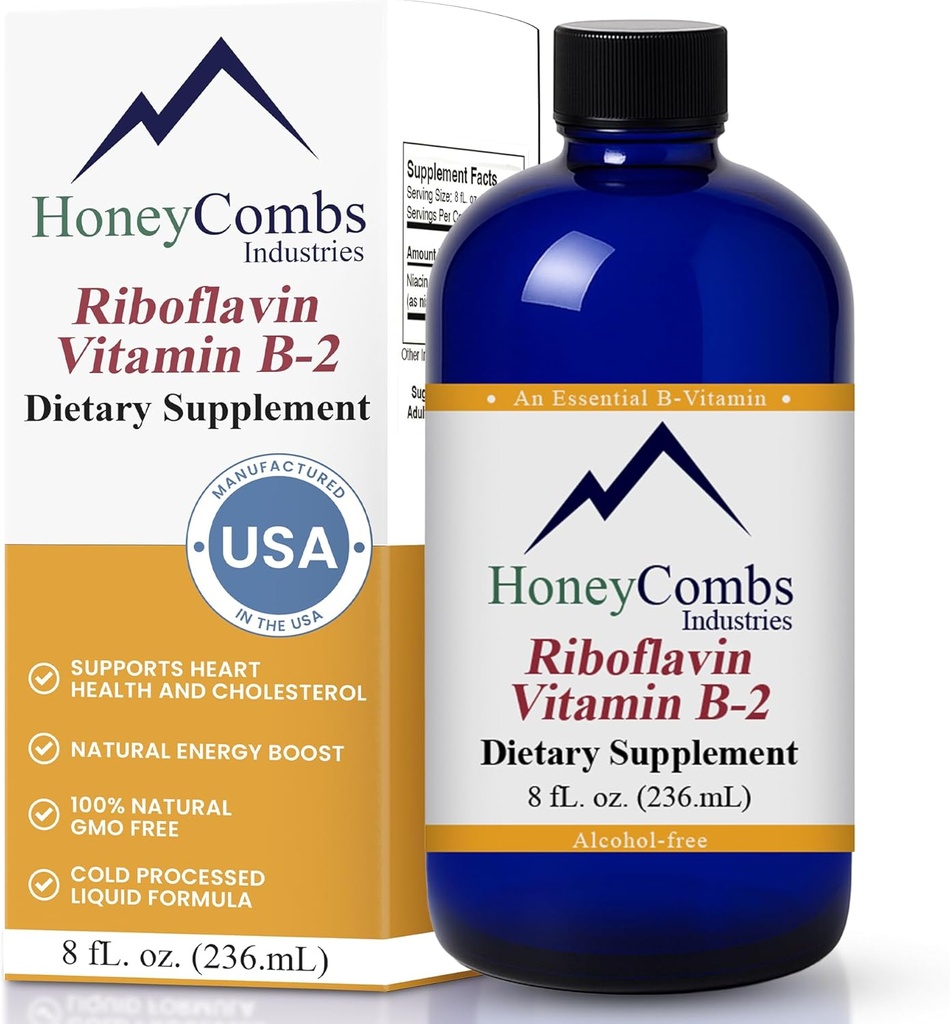 HoneyCombs vitamin B2 Riboflavin dodatek tekuté kapky - vysoká potence vitamin B2 pro muže a ženy - Udržujte zdravé trávení, nervový systém, vlasy, kůže, hřebíky - Vegan tekuté vitamíny (8 Fl oz)