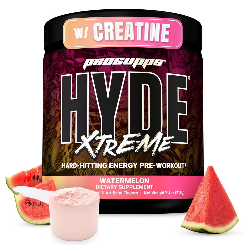 PROFUPS pan Hyde Xtreme Pre Workout Powder with Creatine, Beta Alanin & Caffeine - Extreme Energy, Čerpadla, Focus & Performance - Fitness & Gym doplňky pro muže a ženy (Meloun, 30 Služeb)
