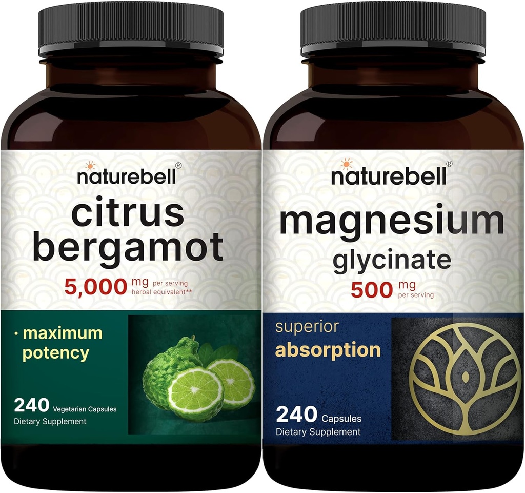 NatureBell Magnesium Glycinát Kapsle 500mg & Citrus Bergamot Veggie Kapsle 5000 mg Ekvivalentní Bundle Pack Př