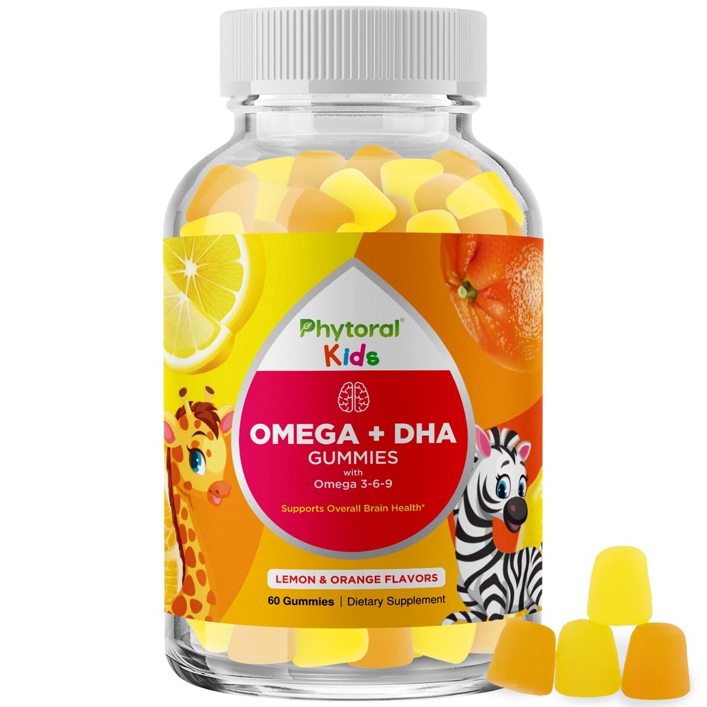 Děti Omega a DHA gumové - mastné kyseliny Omega 3 6 9 s vitaminem C pro vizi - Nutriční DHA pro děti pro zdravý nervový systém a podporu soustředění - Ryby zdarma - 60 Počet