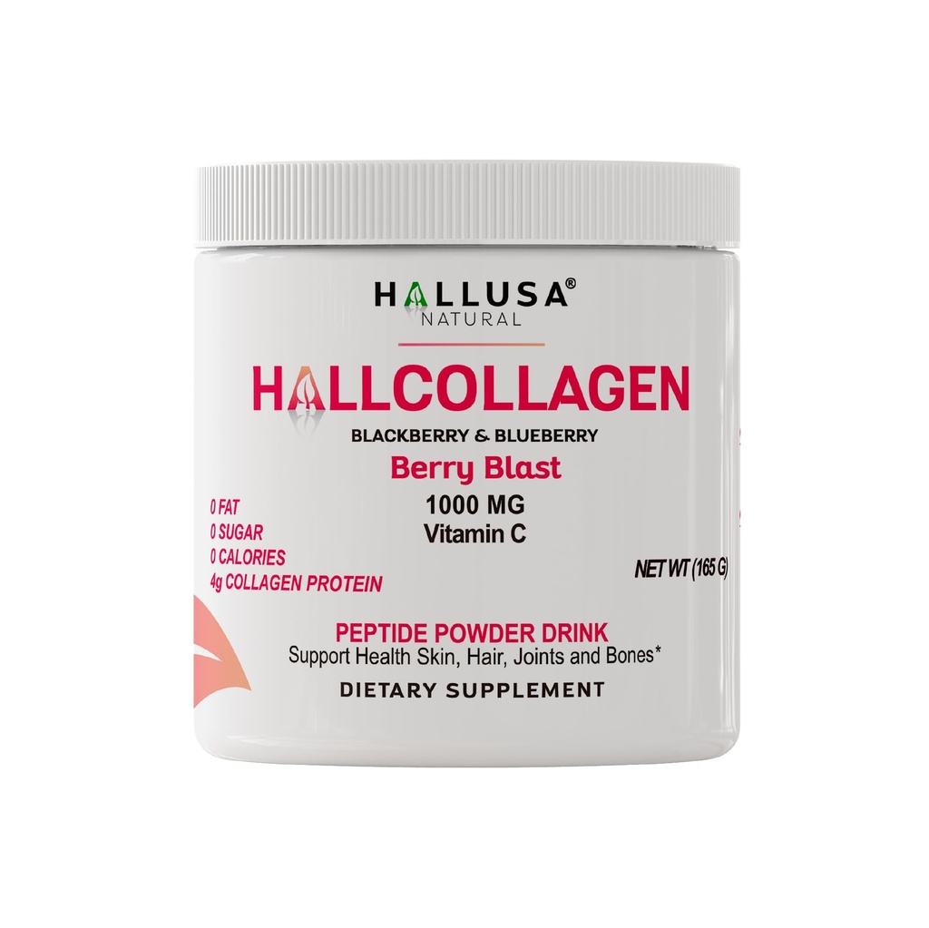Hallusa Natural Hydrolyzed Collagen Peptides Powder 1000mg s vitaminem C C124; BlackBerry & Blueberry Flavor C124; 4g Collagen per Serving C124; Zdravé vlasy, kůže, hřebíky, Kostní a kloubní podpora