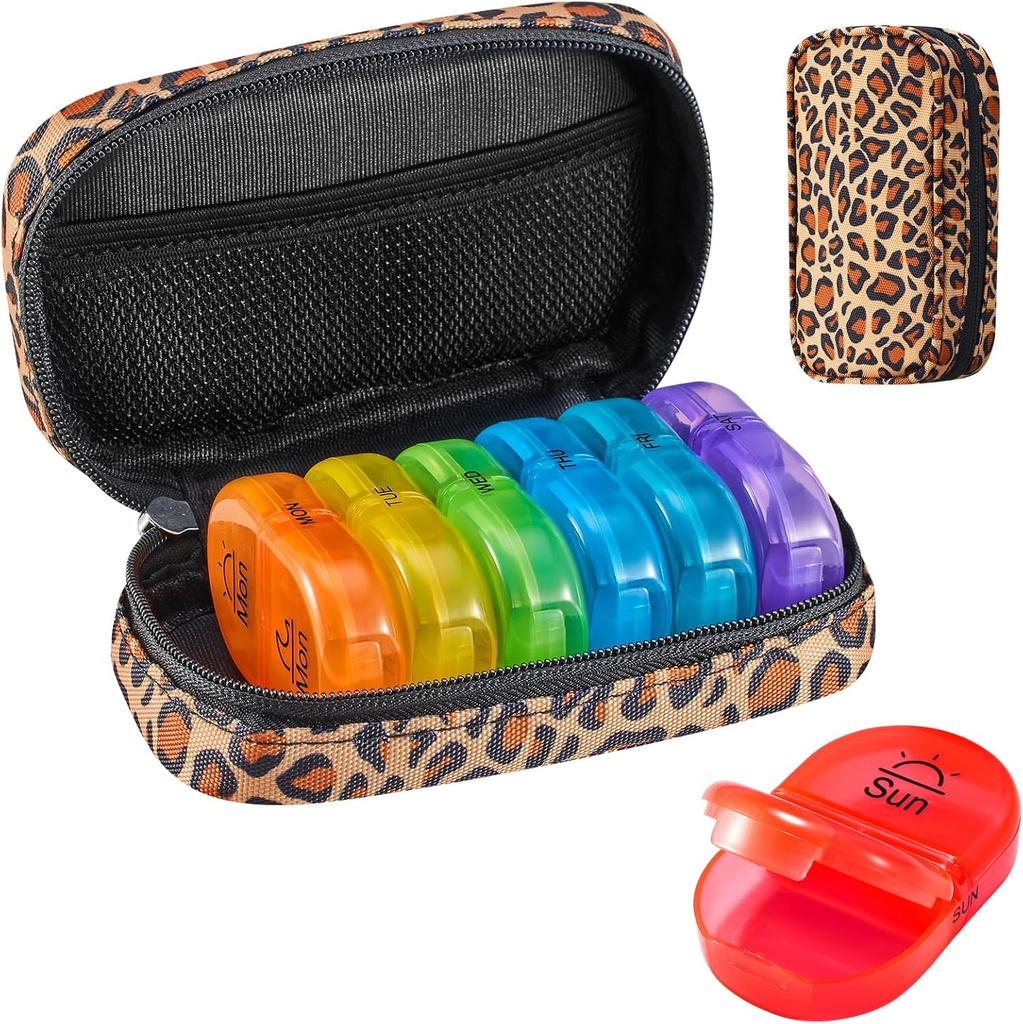 Serfeymi Týdenní Travel Pill Organizátor 2 Times A Day PM Upgraded Rainbow Pill Box 7 Day with Portable Zipper Canvas Pill Case, Medicína Organizátor pro pilulky, Vitamíny, Rybí oleje - Brown 01
