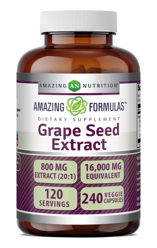Amazing Applicas Grape Seed 800 Mg Extract (20: 1) CLAS124; 16000 Mg Ekvivalentní CLAS124; Veggie Capsules CLAS124; Non- GMO CLAS124; Gluten- Free CLAS124; Made in USA (240 Count)
