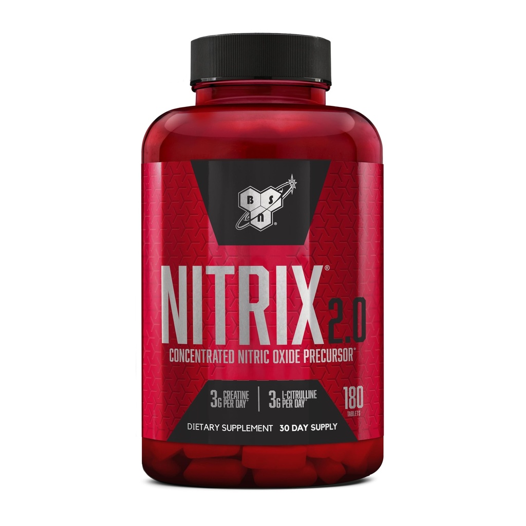 BSN NITRIX 2.0, Doplněk k cvičení, Prekurzory oxidu dusnatého, 3g Creatin, 3g L Citruline, L-Citrurline, Podporuje cvičení výkon, čerpadla, svalové zotavení a vytrvalost, 180 Tablet, 60 Služeb