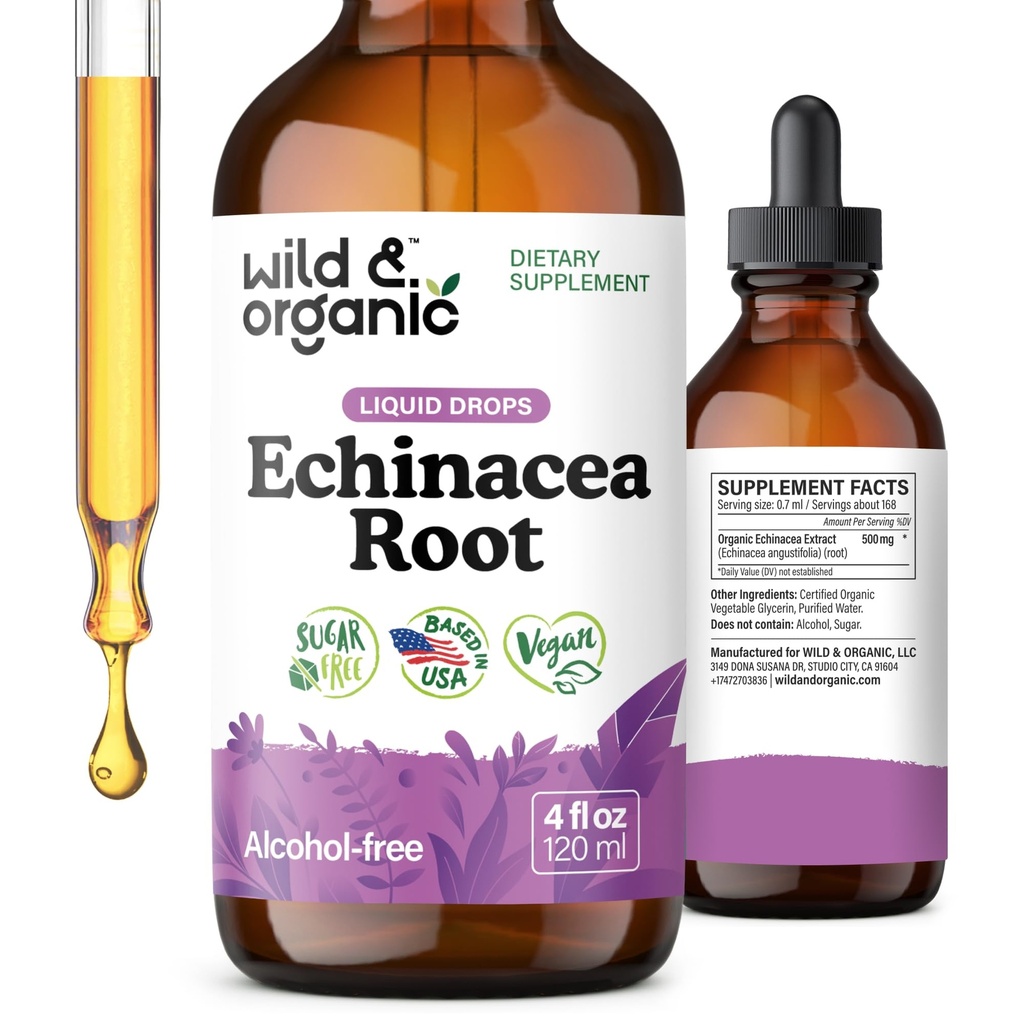 Wild & Organic Echinacea Drops - Imunitate Supplement with Echinacea Angustifolia - Liquid Root Extract Tincture - Vegan, Cukr & Alcohol- Free - 4 fl oz
