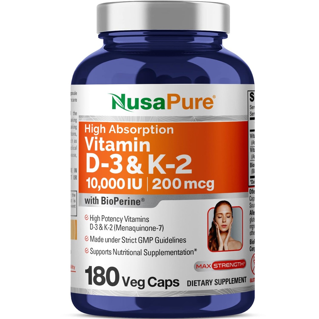 NusaPure Vitamin K2 (MK7) (200mcg) + Vitamin D3 (10000 IU) 180 Veg Caps - Bioperine, Soyfree, Non- GMO