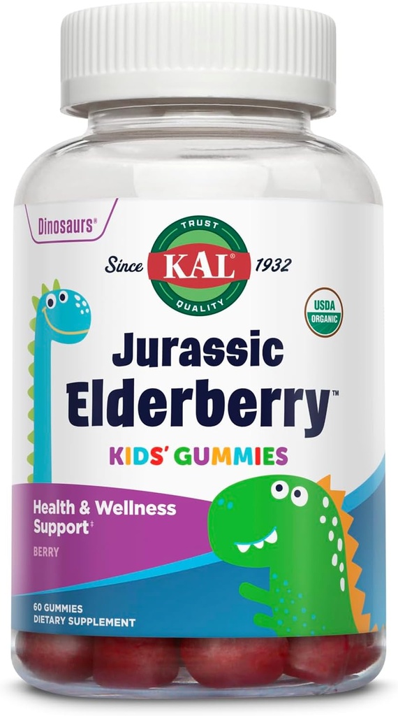 KAL Jurassic Elderberry Kids Gummies CARL 124; Zdravá imunitní podpora CARL 124; USDA Organic, Vegan, Gluten Free CARL 124; 30 Serv, 60 Ct