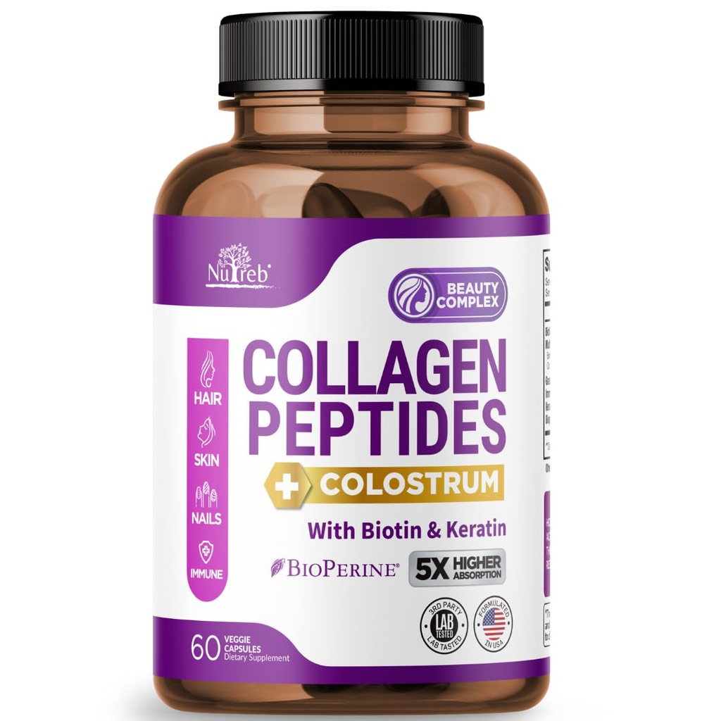 Kolagen Peptidy pro ženy s kolostromem, biotinovým a keratinem - typ I, II, III, V, X - 5X Vyšší absorpce - Vlasová kůže a nehty Vitaminy - Kolagen pro ženy - Kolagenové pilulky - 60 Kapsle