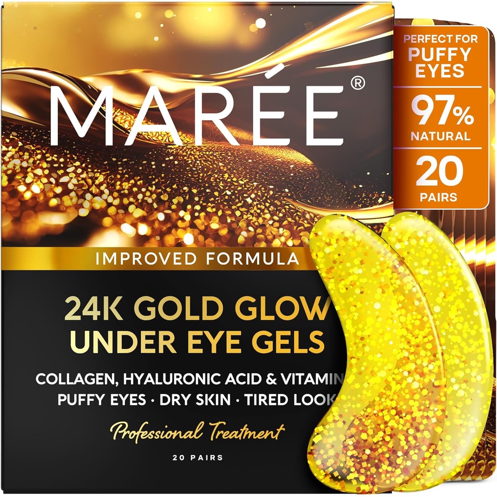 MAREE 24k Gold Under Eye Gels for Dark Circles and Puffness - Collagen & Hyaluronic Acid Skincare Gel Pads - Gold Eye Patches for Puffy Eyes and Dark Circles - Under Eye Masses - Travel Essentials
