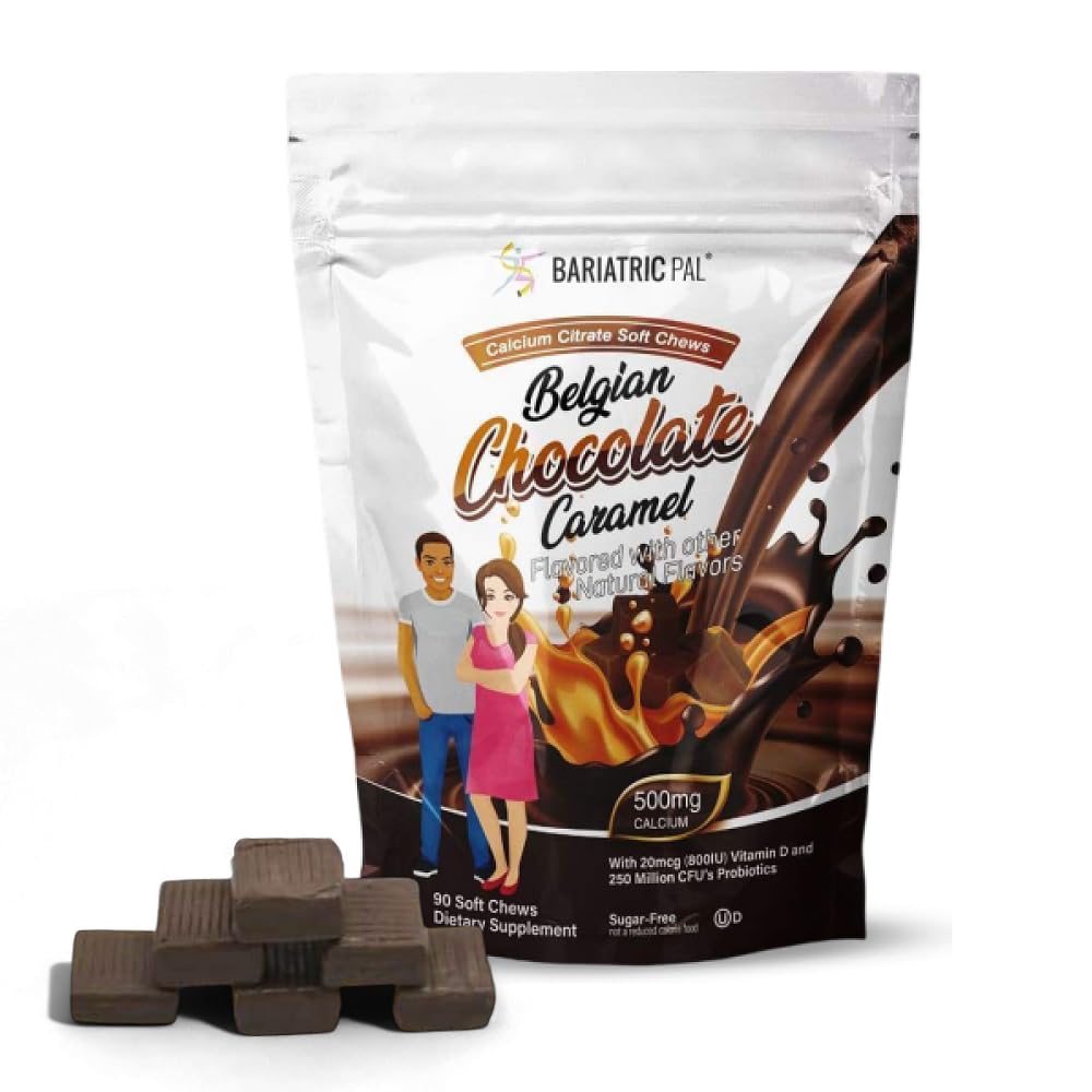 BariatricPal Sugar- bez vápníku Citrát měkké žvýkací 124; 500mg s vitaminem D & Probiotika 124; Belgický čokoládový karamel 124; 90 Počet (1 měsíční dodávka)