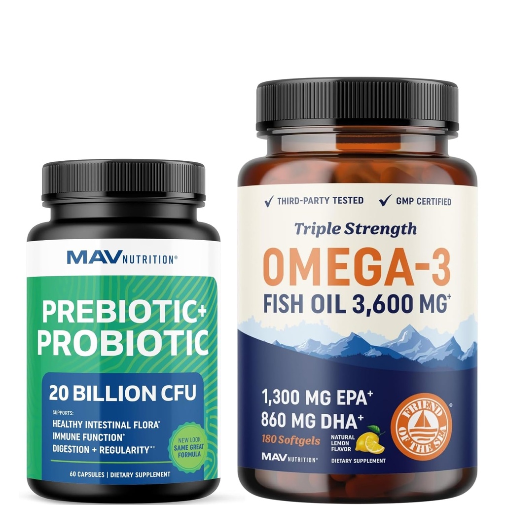 Omega 3 Rybí olej a probiotické kapsle 124; Triple Strength EPA & DHA Omega 3 Bezedná tanga Plus Probiotické a prebiotické kapsle pro Gut Health & Immunication Support 124; 60 Servings Each