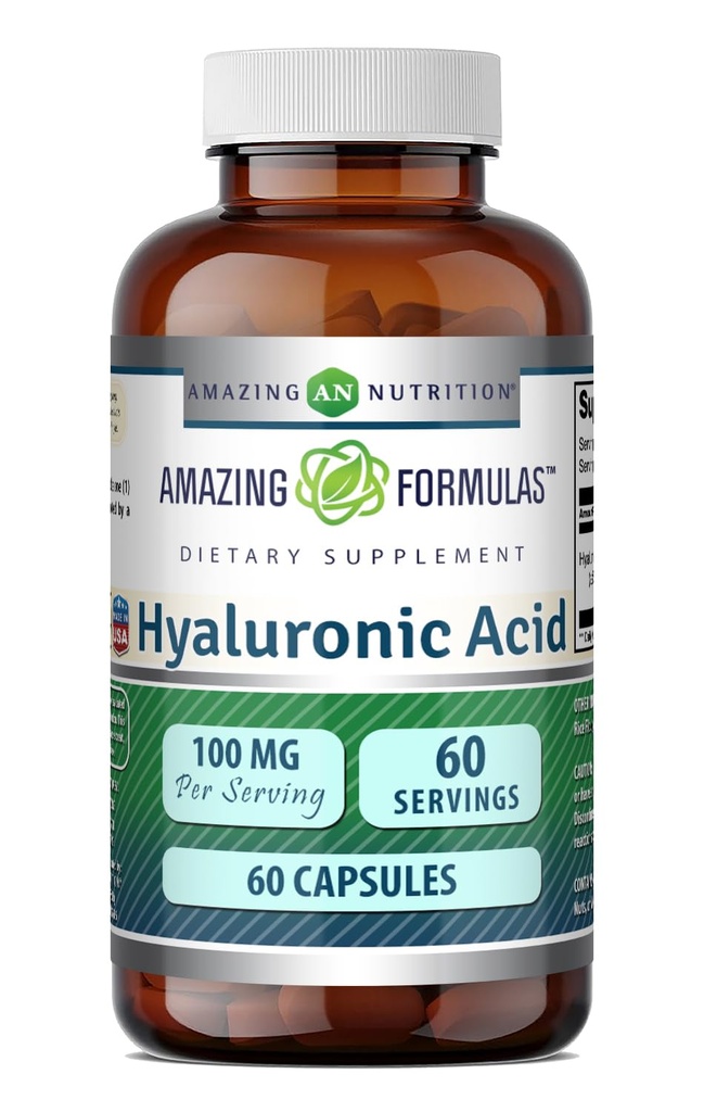 Amazing Applicas Hyaluronic Acid 100 Mg dodatek 124; Kapsle 124; Non- GMO Acid 124; Gluten- Free Acid 124; Made in USA (1 balení, 60 Počet)